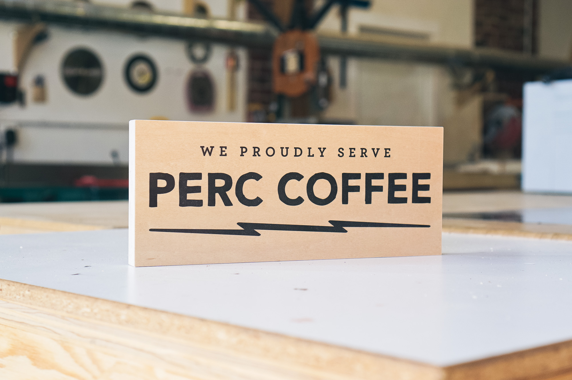 Wood tabletop retail signs for Perc Coffee, a premium coffee roaster in the heart of beautiful Savannah, GA