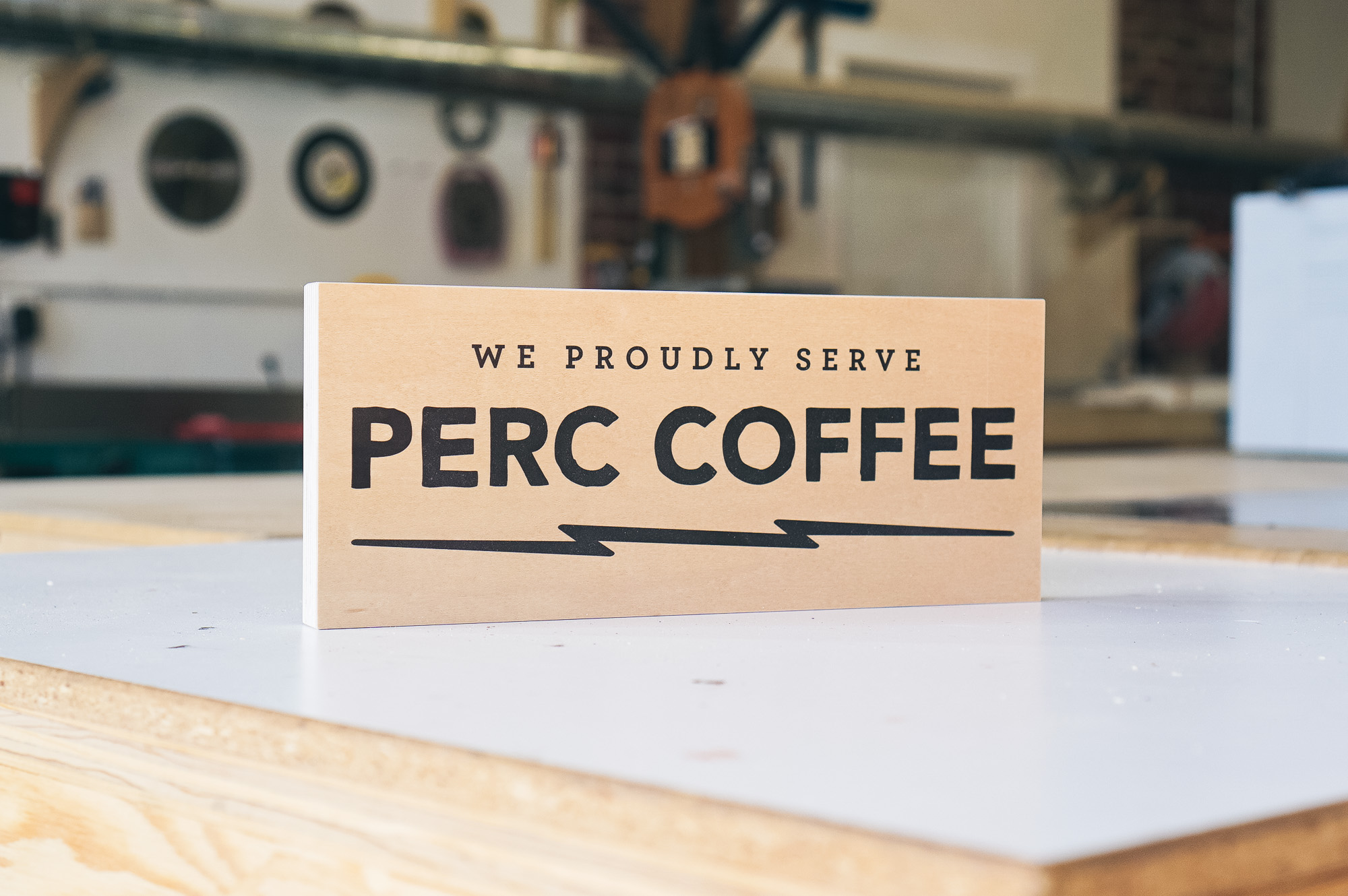 Wood tabletop retail signs for Perc Coffee, a premium coffee roaster in the heart of beautiful Savannah, GA Wood tabletop retail signs for Perc Coffee, a premium coffee roaster in the heart of beautiful Savannah, GA