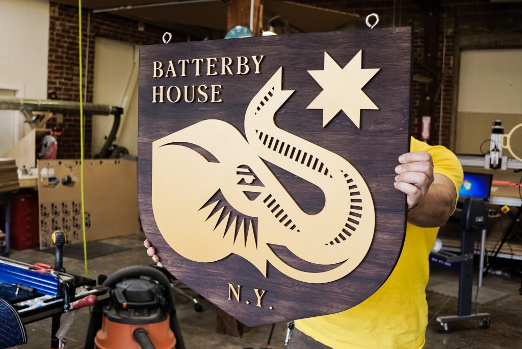 Batterby House Torched Wood and Gold Hanging Blade Sign