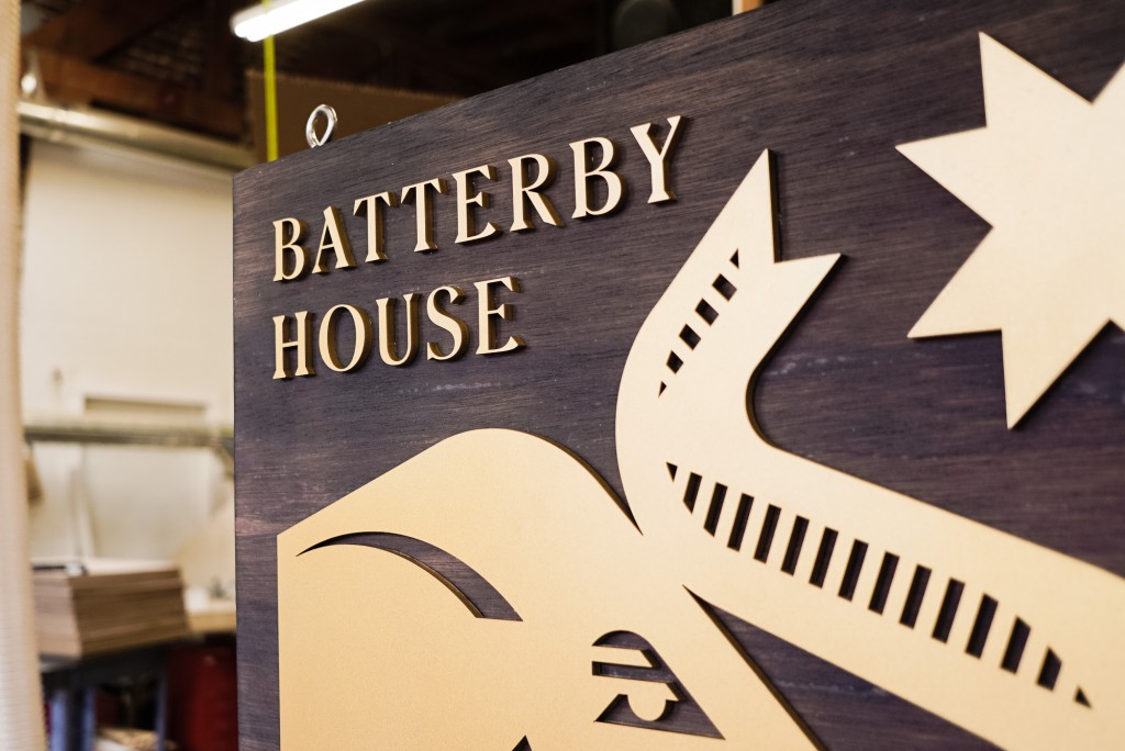 Batterby House Torched Wood and Gold Hanging Blade Sign