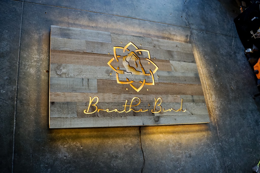 Breathe & Bend Hot Yoga Illuminated Reclaimed Wood Sign