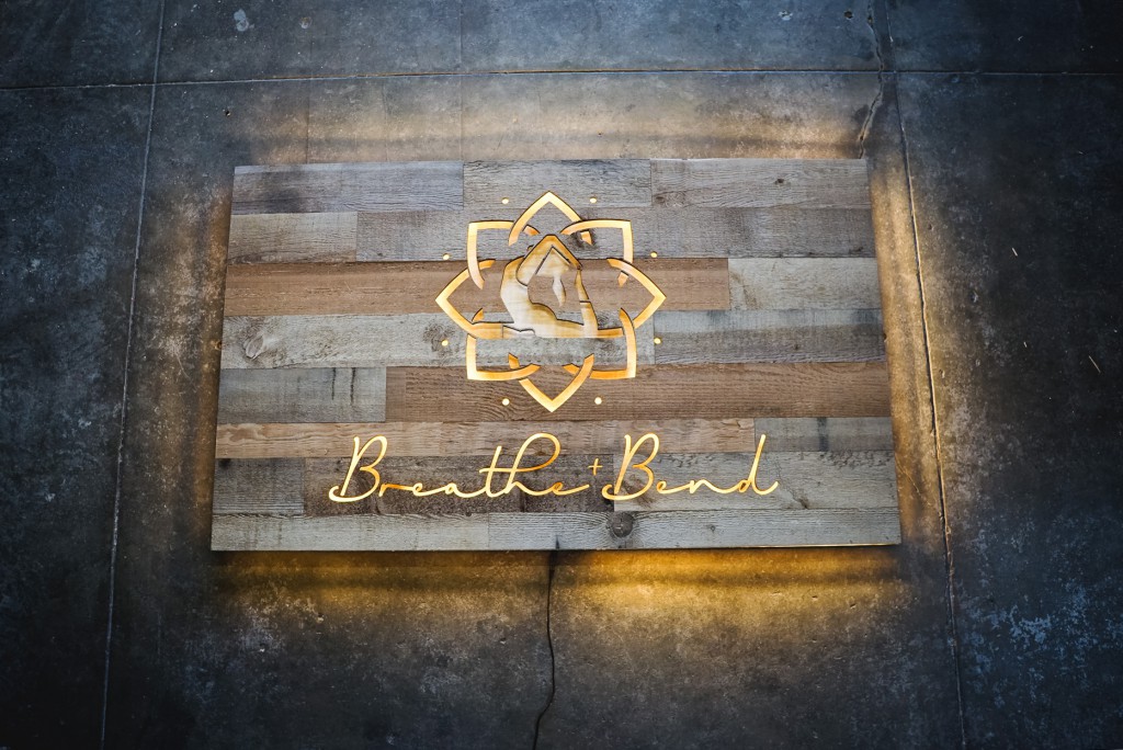 Breathe & Bend Hot Yoga Illuminated Reclaimed Wood Sign