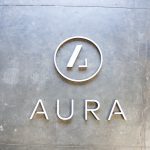 Aura acrylic and walnut backed wood sign