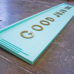 Good Juju Ink Portable modern Stationery Tradeshow Sign in teal and gold