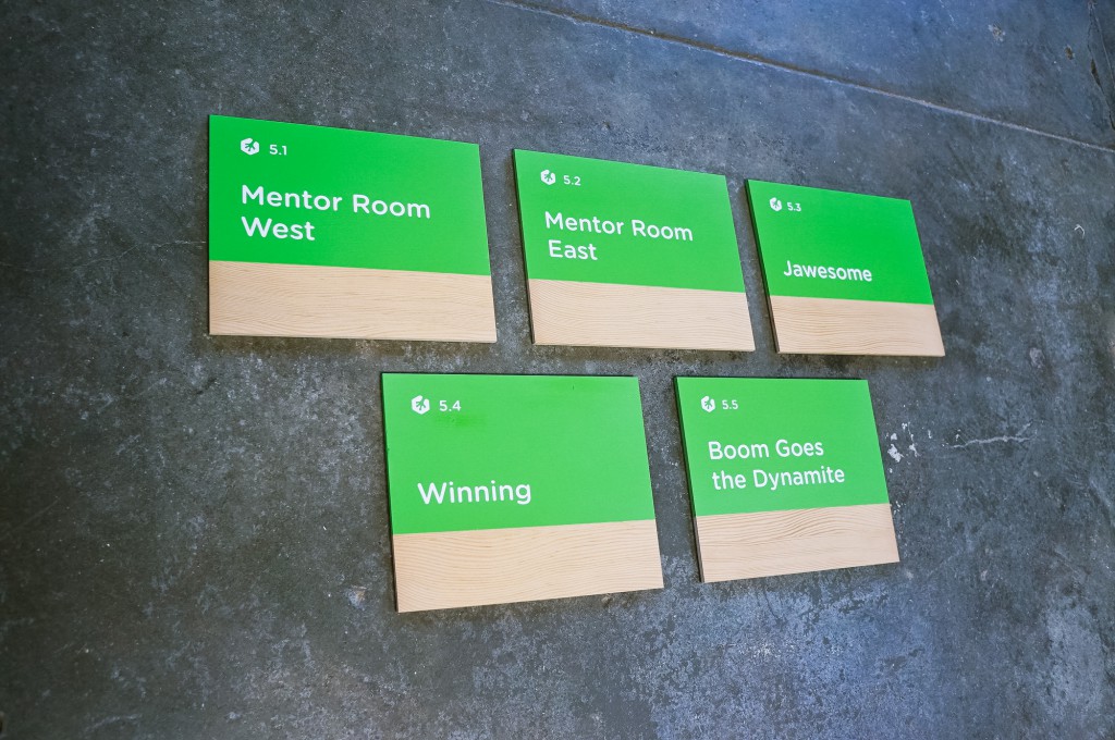 Treehouse tech/startup modern wood and pantone color matched meeting room signs