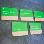 Treehouse tech/startup modern wood and pantone color matched meeting room signs