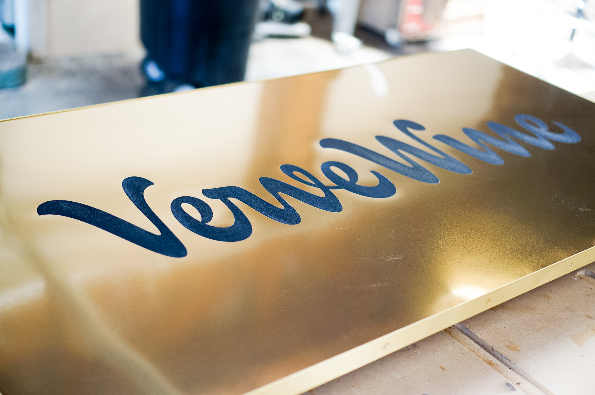 Verve Wine Copper Brass Bronze Modern Retail Hanging Blade Sign with script