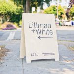 Littman + White Modern Whitewashed Gallery A-frame Sign with arrow and black text