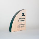 Zendesk receptionist desk wood modern solid wood welcome sign