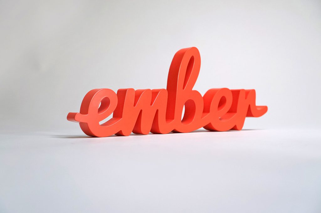 red script freestanding cocktail table sign for Ember Conference 2018