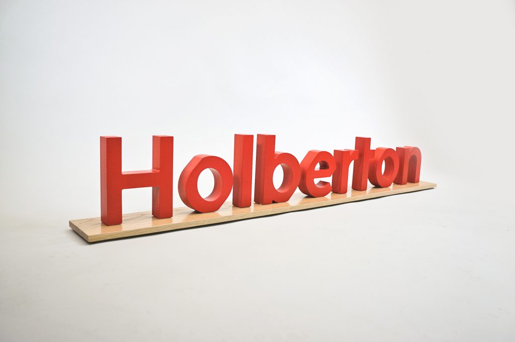 Freestanding red stage event letters for Holberton, a computer training school located in San Francisco, CA.