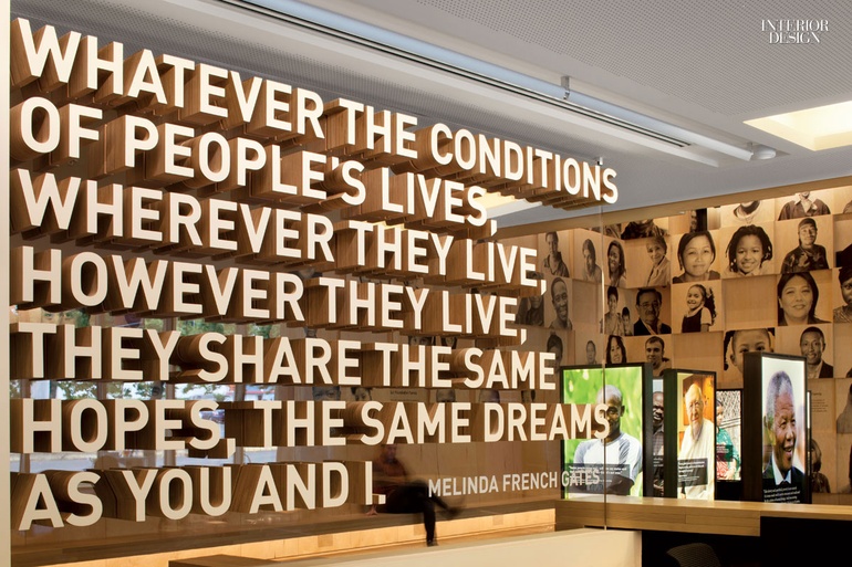 Quote in laminated plywood, mounted on acrylic at the Bill & Melinda Gates Foundation in Seattle. (Photo: Lara Swimmer)