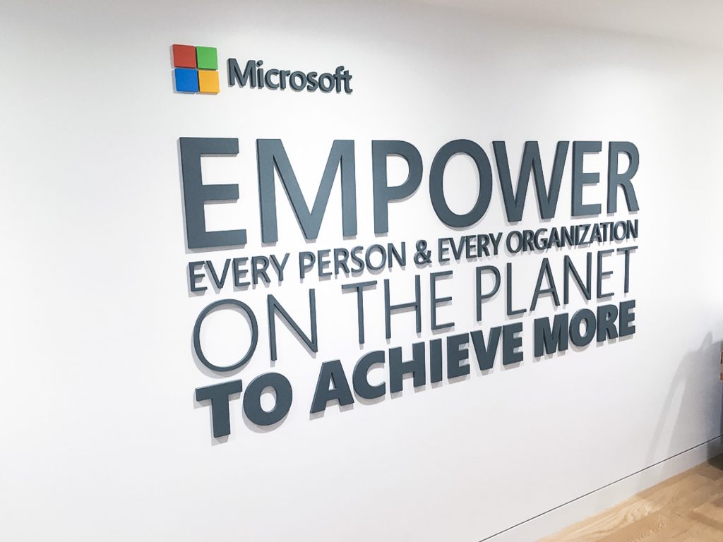 Mission statement wall signage at Microsoft office