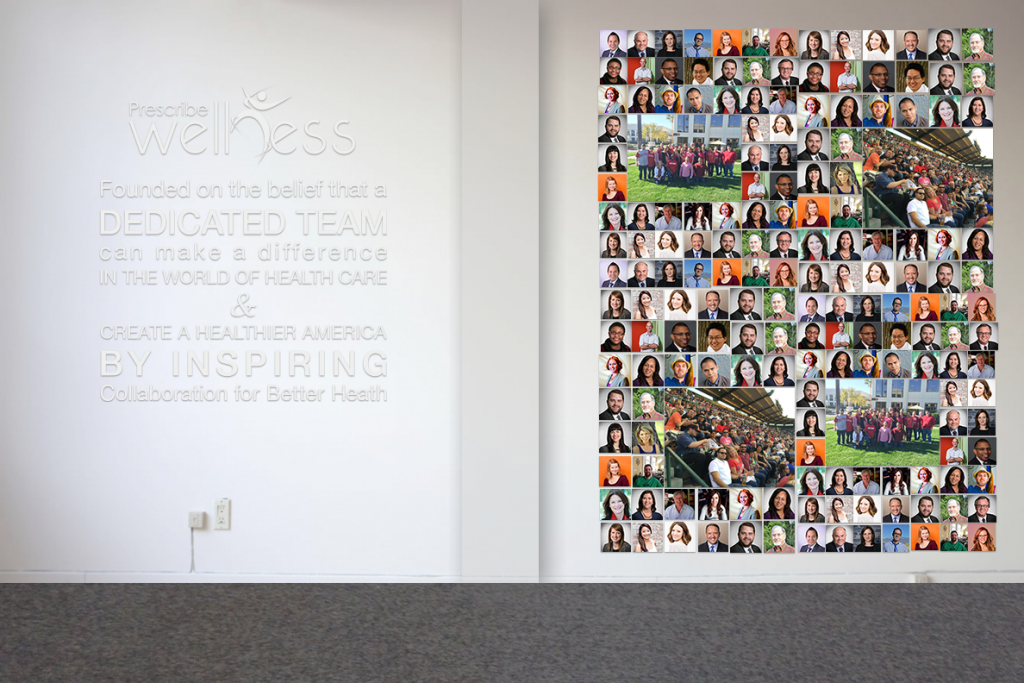 Mission statement and photo wall at the Prescribe Wellness office