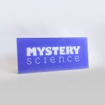 Glass-like colored panel sign for the Knotel designed Mystery Science lobby, a company that provides open-and-go lessons that inspire kids to love science.