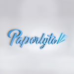Blue dimensional script sign for Paperlyte, a media production company specializing in live streaming, video, documentary, and commercial content.