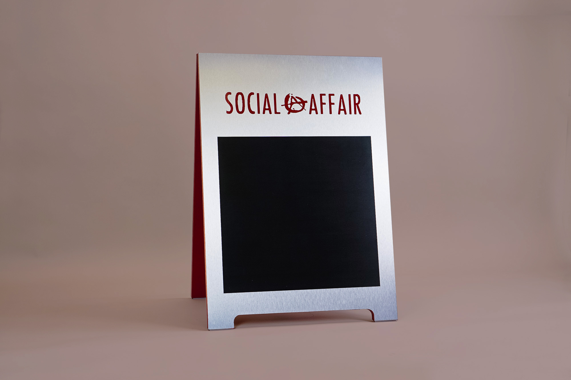 social-affair-metal-aframe-left-cropped Metal and red A-frame sign for Social Affair, a restaurant serving artisanal food, wine and chai in a casual and modern lounge