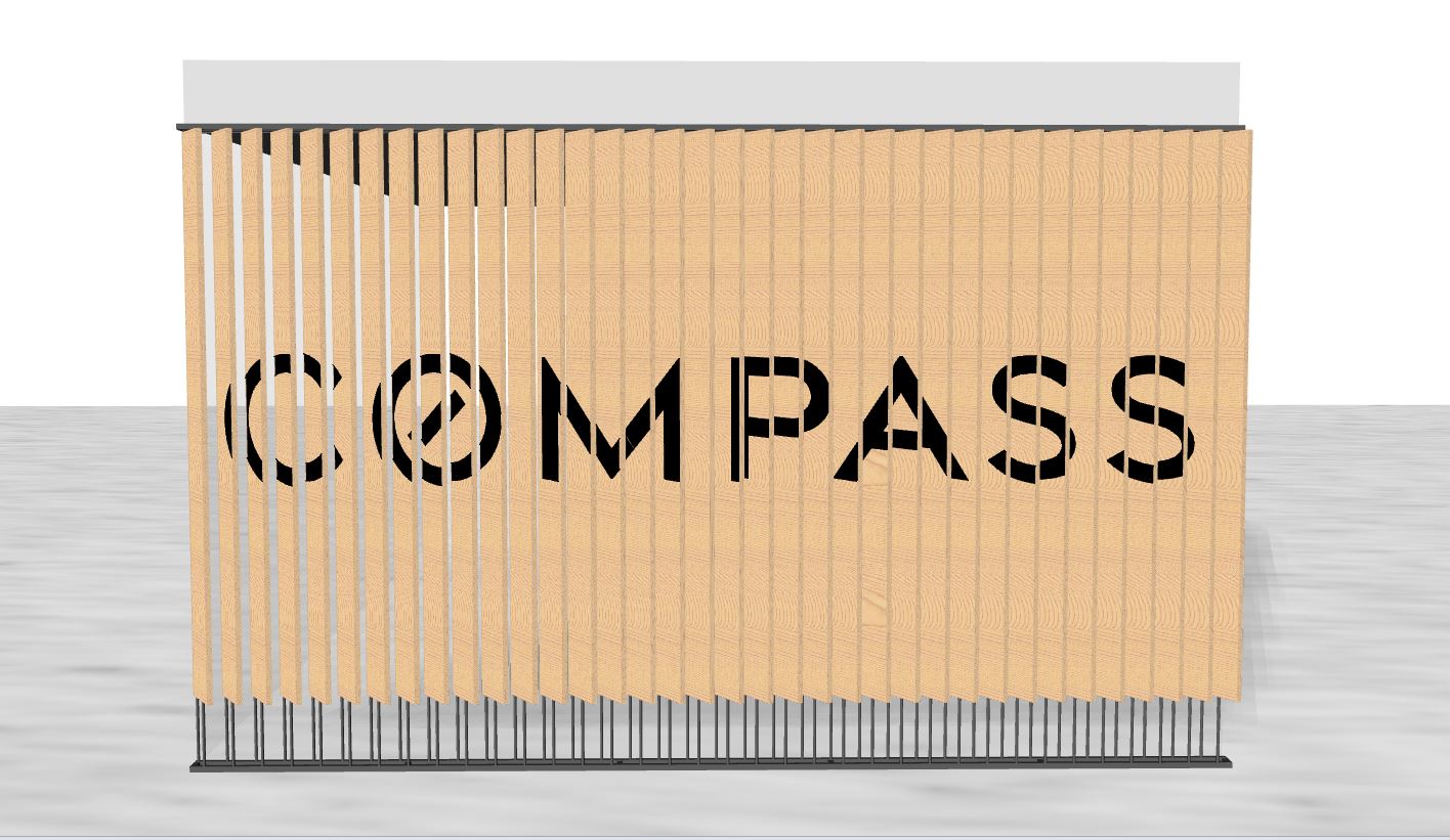 Optical-illusion, multi panel wood sign / privacy screen at the San Francisco office of Compass, a modern real estate platform. Optical-illusion, multi panel wood sign / privacy screen at the San Francisco office of Compass, a modern real estate platform.