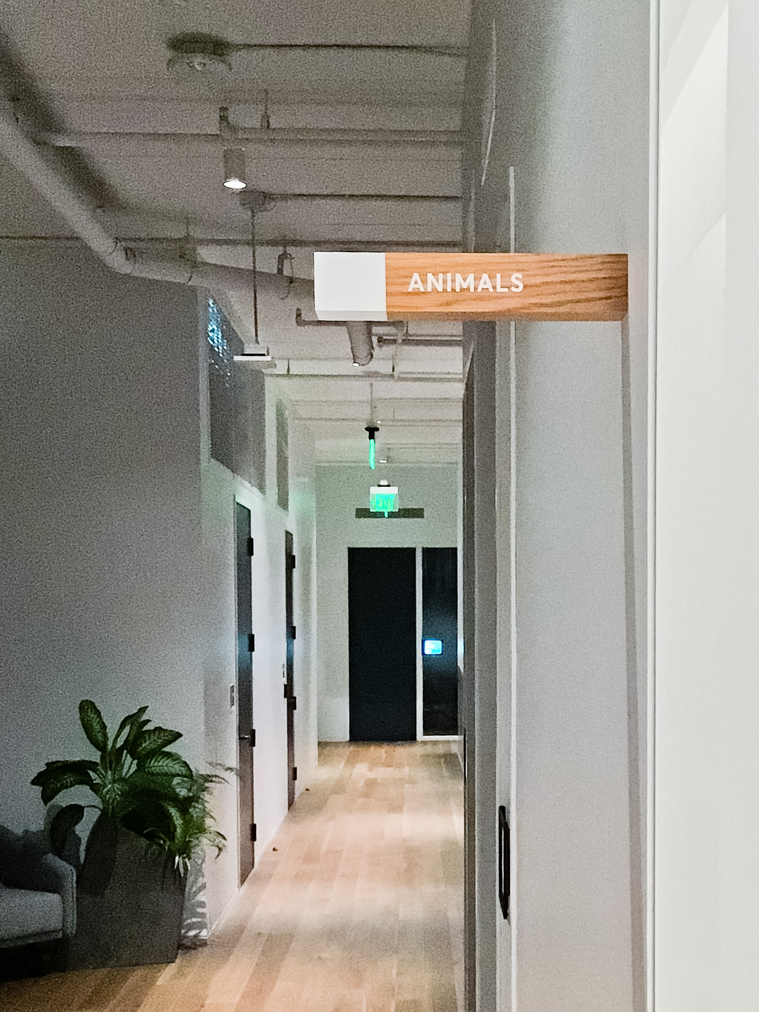 White-painted wood, national park-inspired, overhead wayfinding sign for the office of Slack, a cloud-based set of proprietary team collaboration tools and services. White-painted wood, national park-inspired, overhead wayfinding sign for the office of Slack, a cloud-based set of proprietary team collaboration tools and services.