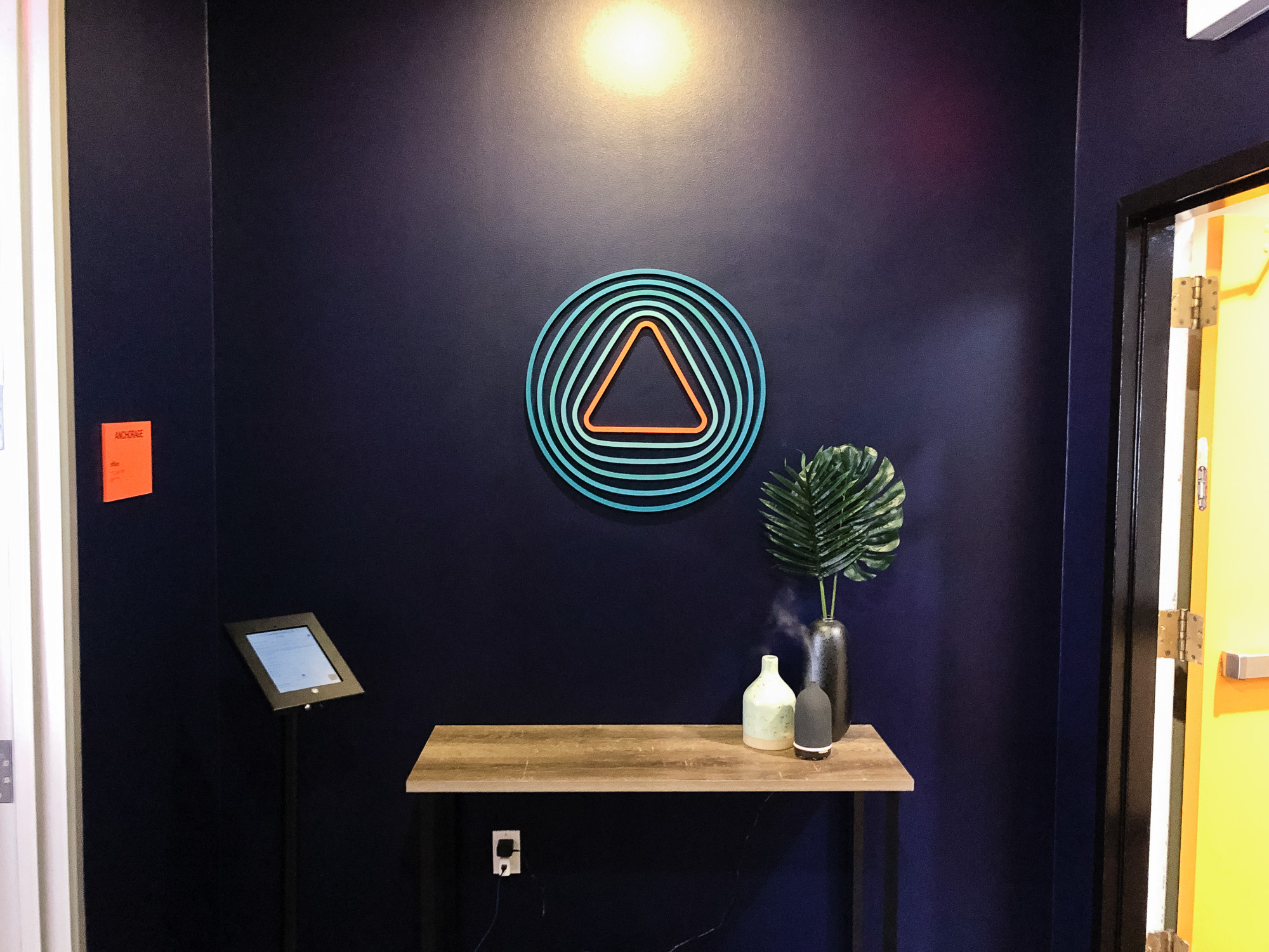 Painted, multi-color acrylic sign on a dark, navy blue wall for the entrance of Anchorage, a San Francisco-based company focused on creating custody solutions for the cryptocurrency ecosystem. Painted, multi-color acrylic sign on a dark, navy blue wall for the entrance of Anchorage, a San Francisco-based company focused on creating custody solutions for the cryptocurrency ecosystem.