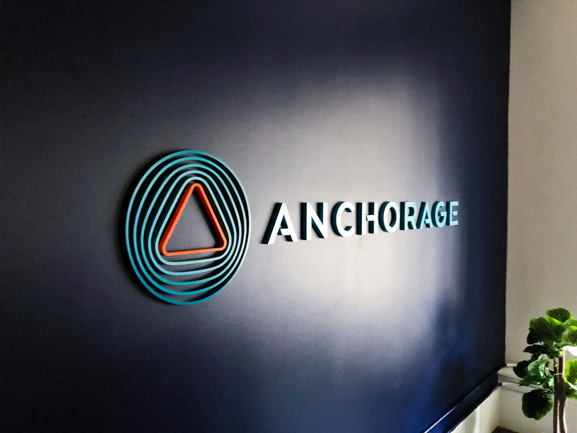 Painted, multi-color acrylic sign on a dark, navy blue wall for the lobby of Anchorage, a San Francisco-based company focused on creating custody solutions for the cryptocurrency ecosystem. Painted, multi-color acrylic sign on a dark, navy blue wall for the lobby of Anchorage, a San Francisco-based company focused on creating custody solutions for the cryptocurrency ecosystem.