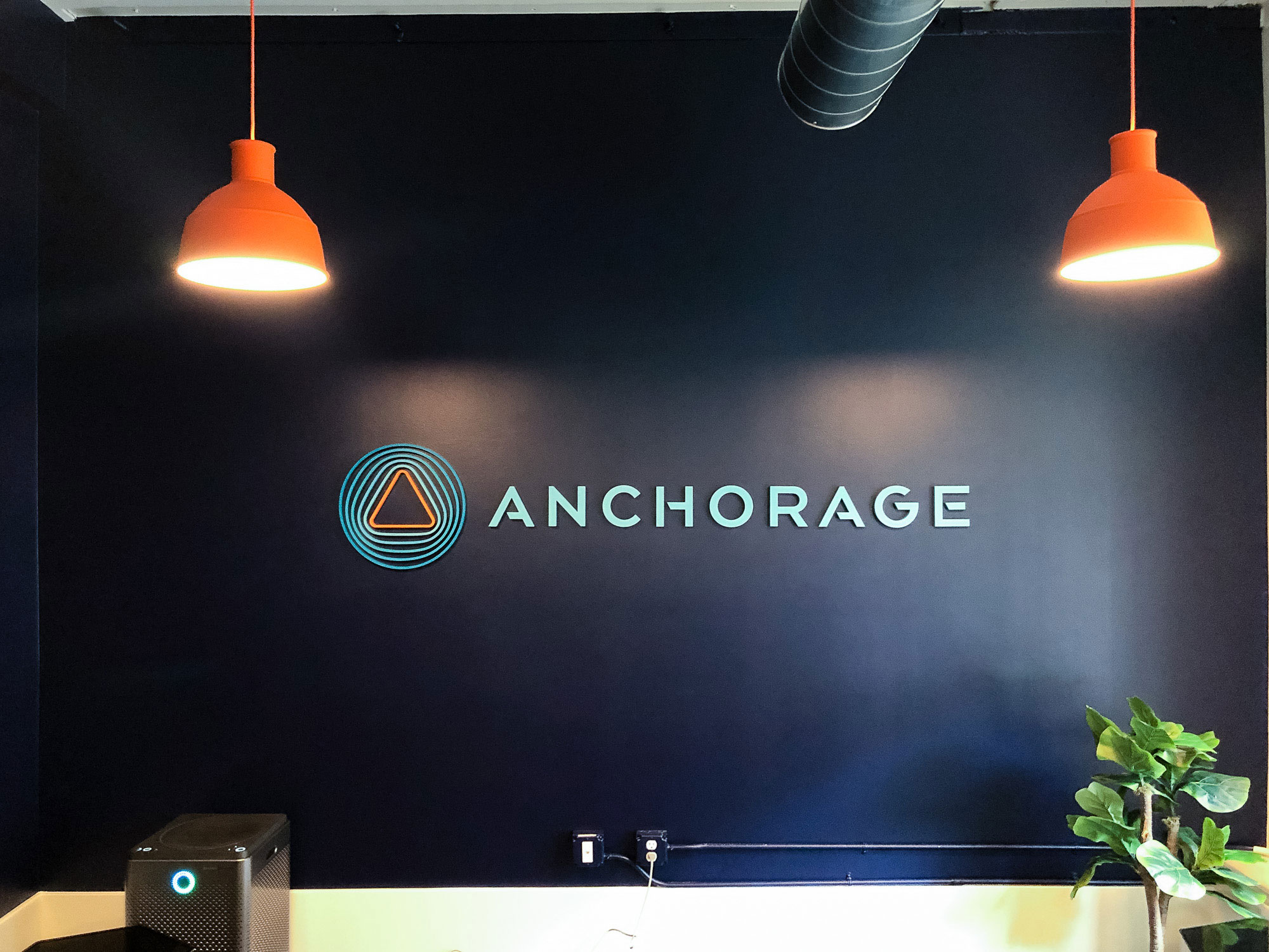 Painted, multi-color acrylic sign on a dark, navy blue wall for the lobby of Anchorage, a San Francisco-based company focused on creating custody solutions for the cryptocurrency ecosystem. Painted, multi-color acrylic sign on a dark, navy blue wall for the lobby of Anchorage, a San Francisco-based company focused on creating custody solutions for the cryptocurrency ecosystem.