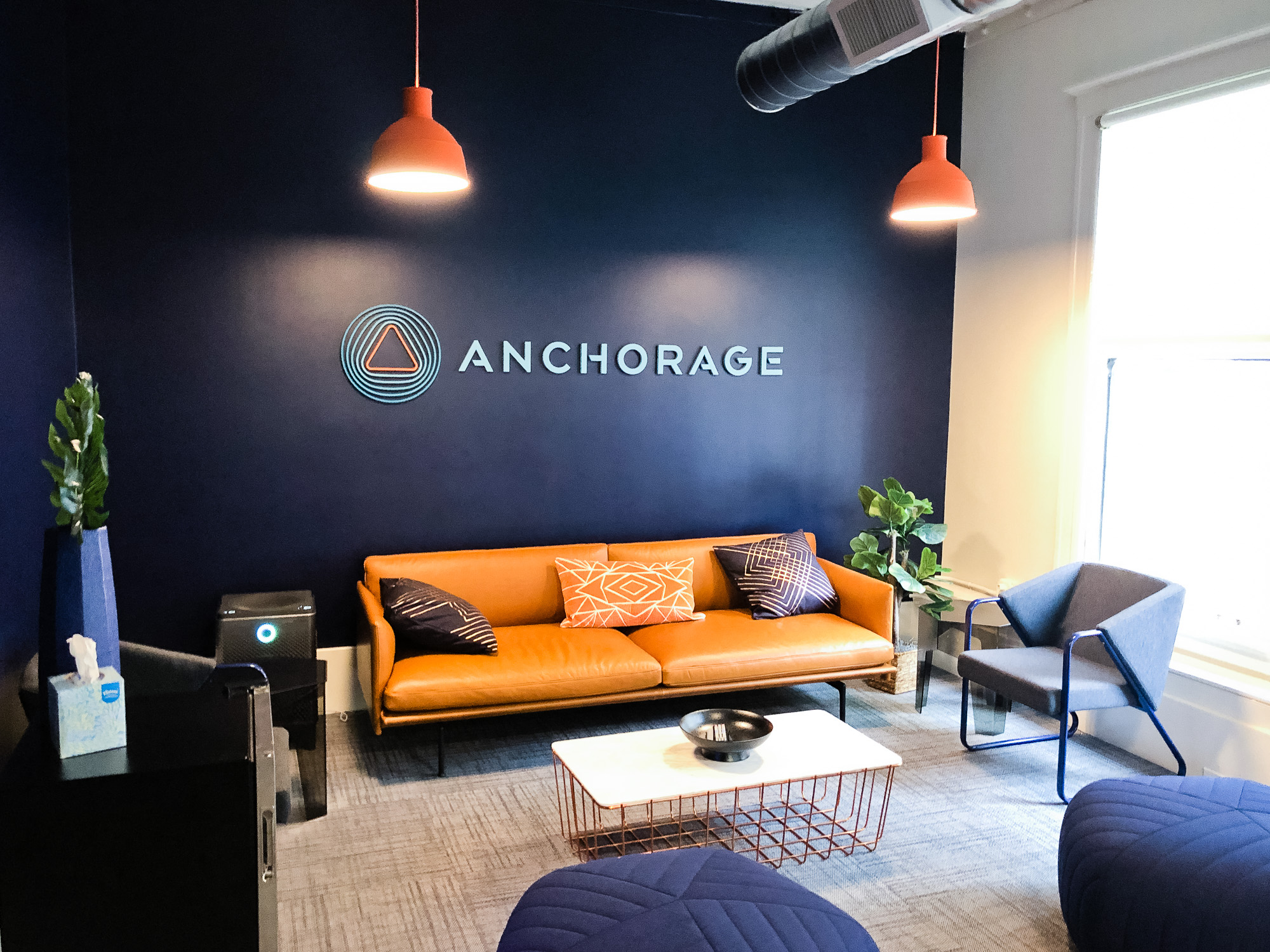 Painted, multi-color acrylic sign on a dark, navy blue wall for the lobby of Anchorage, a San Francisco-based company focused on creating custody solutions for the cryptocurrency ecosystem. Painted, multi-color acrylic sign on a dark, navy blue wall for the lobby of Anchorage, a San Francisco-based company focused on creating custody solutions for the cryptocurrency ecosystem.