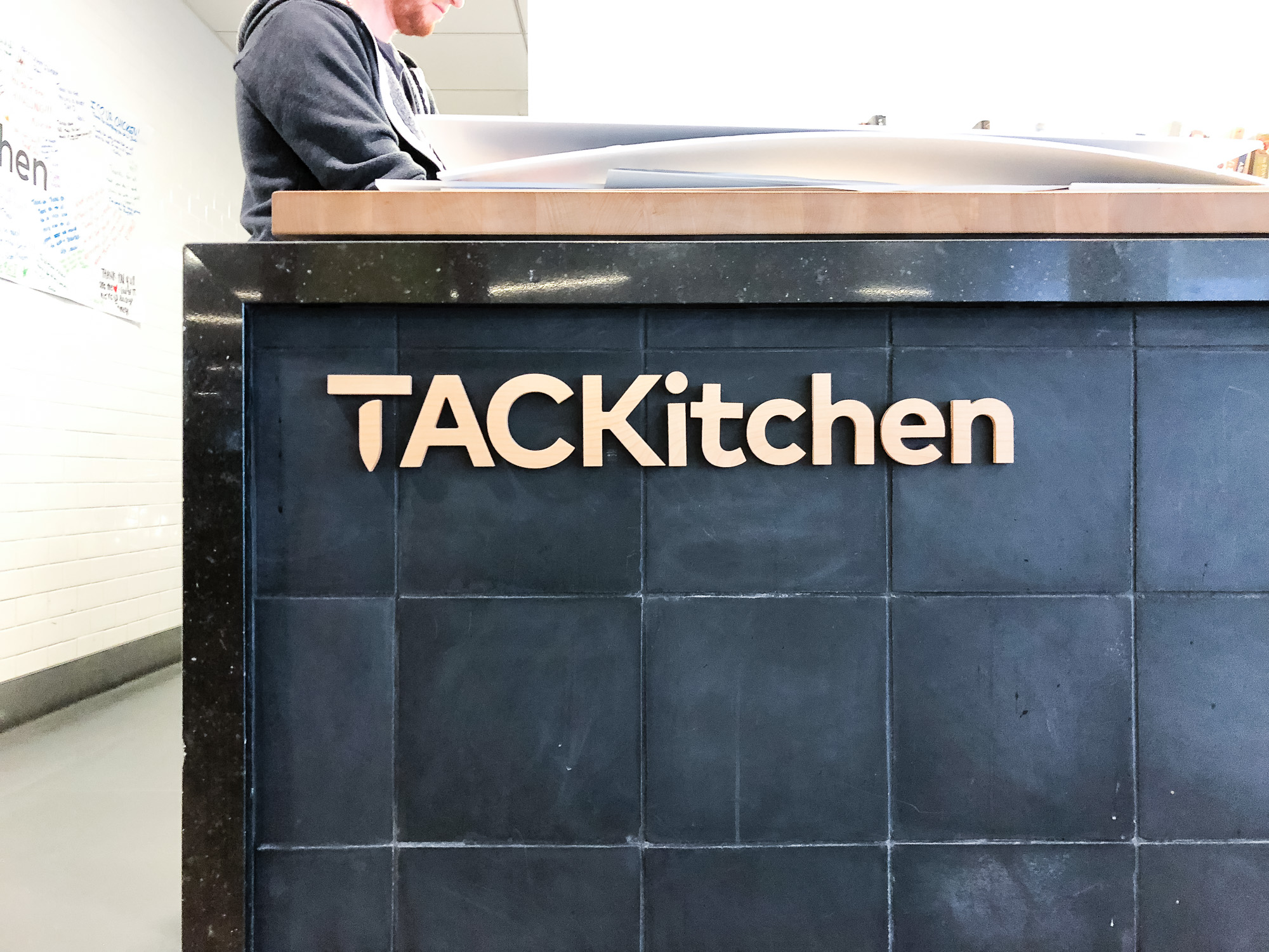 Wood letters on front counter at the cafeteria/kitchen of Thumbtack, an online service that matches customers with local professionals. Wood letters on front counter at the cafeteria/kitchen of Thumbtack, an online service that matches customers with local professionals.