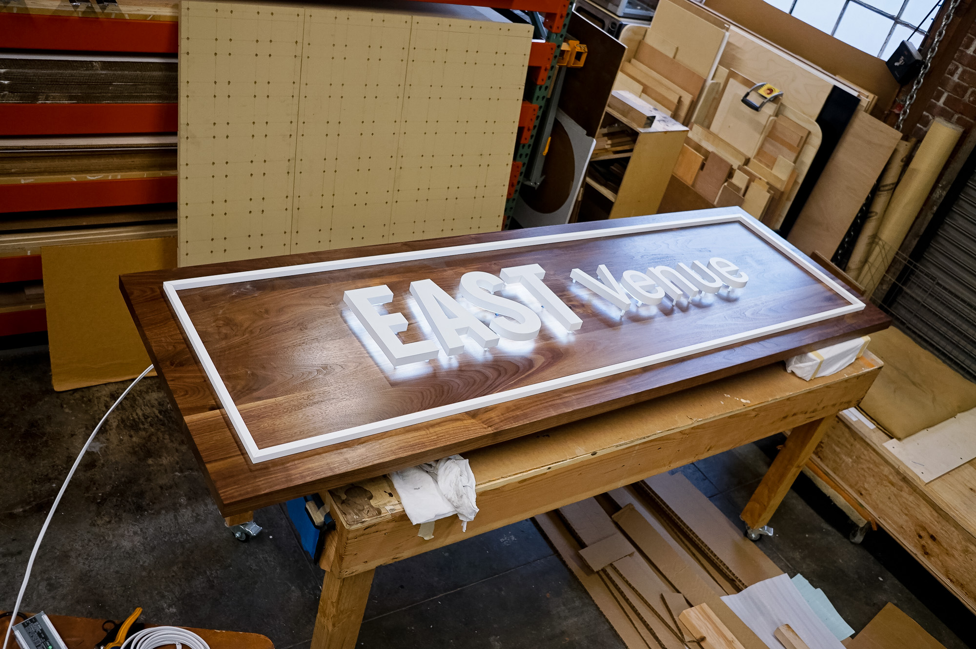 Large solid walnut and white acrylic illuminated sign for Columbia Church, a church in Richland, WA. Large solid walnut and white acrylic illuminated sign for Columbia Church, a church in Richland, WA.