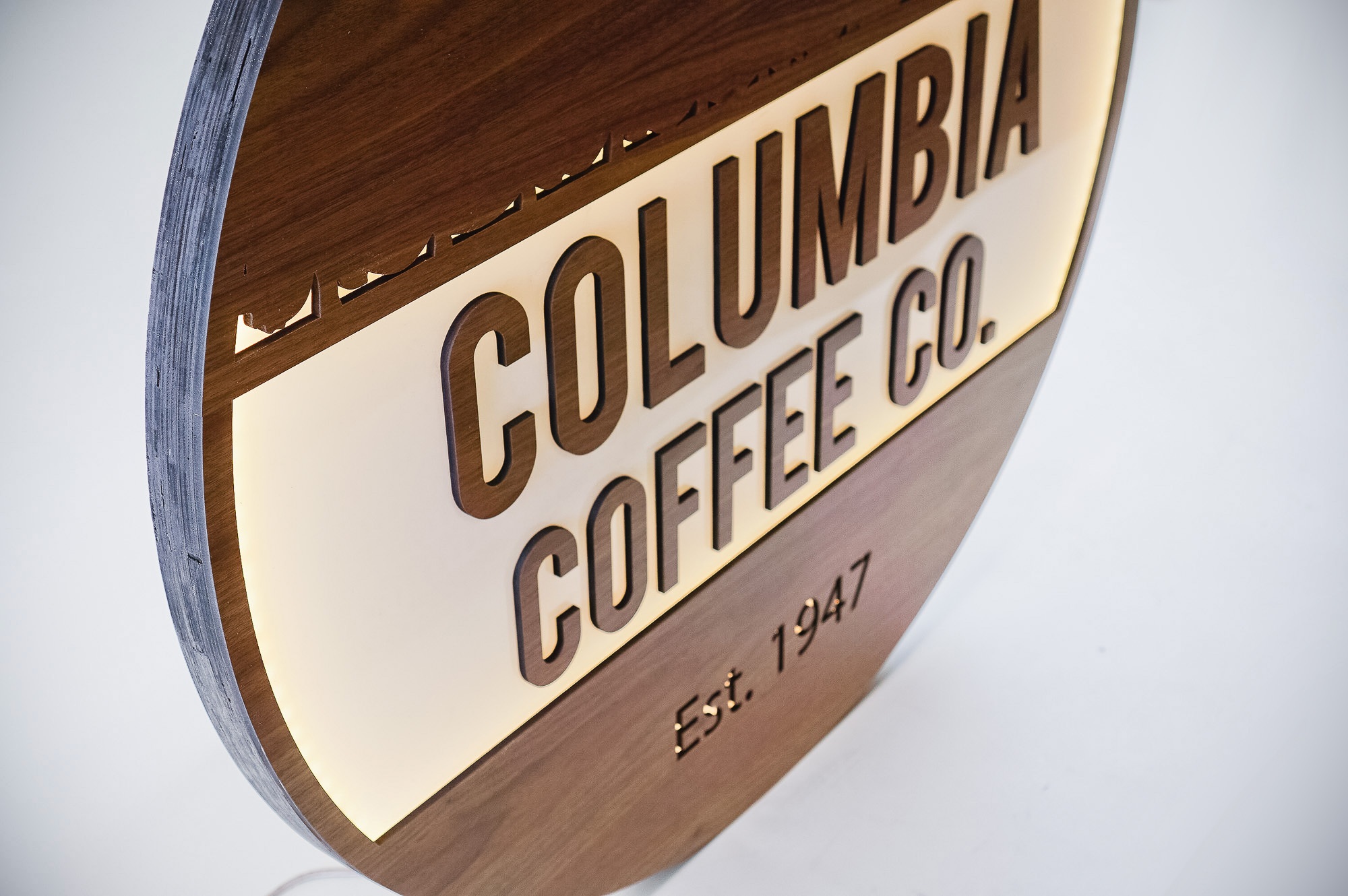 Walnut and white acrylic illuminated cafe sign for Columbia Church, a church in Richland, WA. Walnut and white acrylic illuminated cafe sign for Columbia Church, a church in Richland, WA.