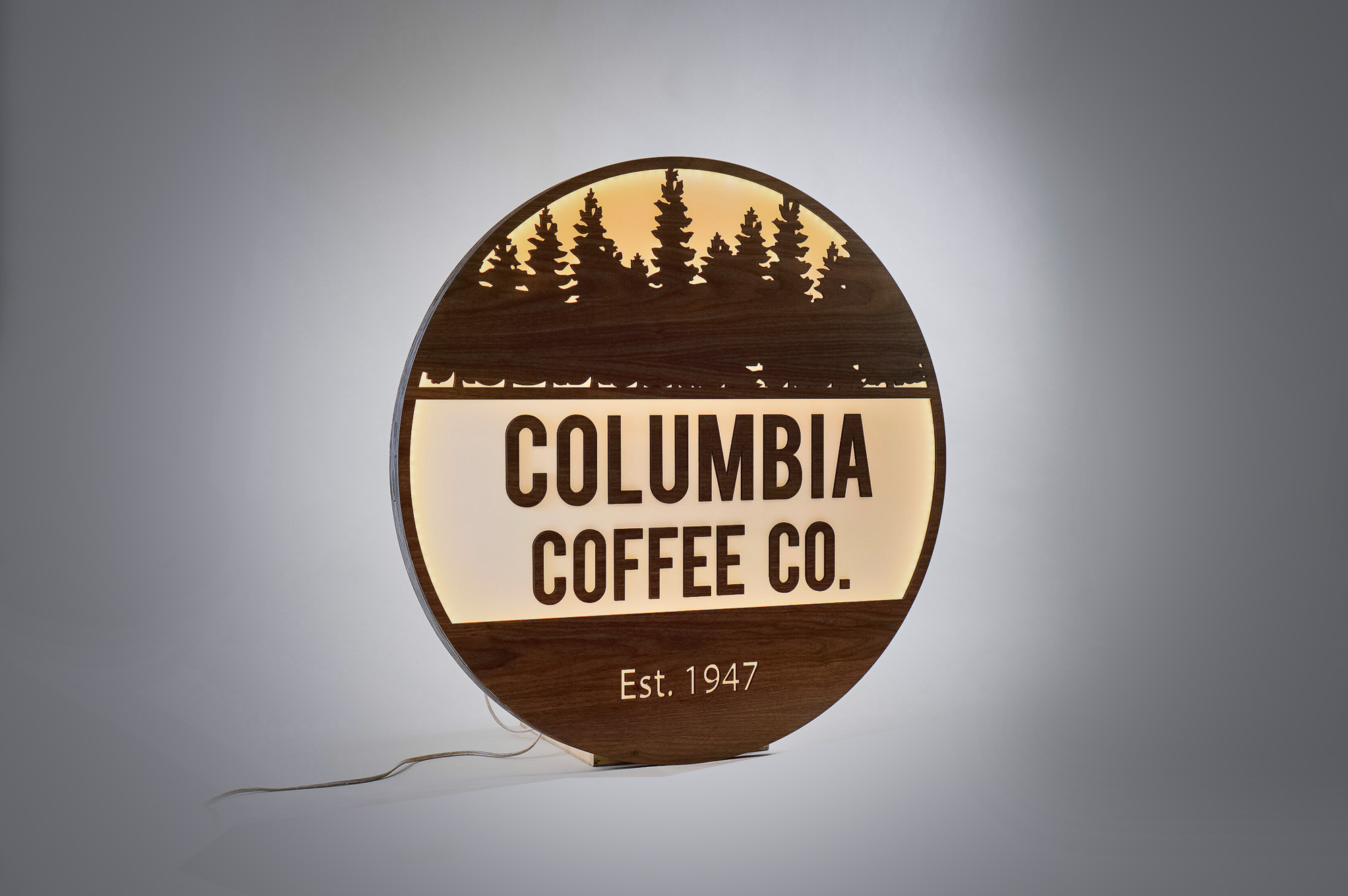 Walnut and white acrylic illuminated cafe sign for Columbia Church, a church in Richland, WA. Walnut and white acrylic illuminated cafe sign for Columbia Church, a church in Richland, WA.