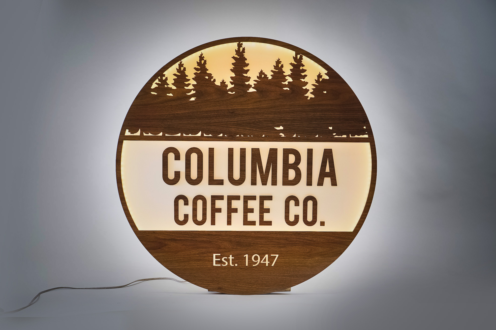 Walnut and white acrylic illuminated cafe sign for Columbia Church, a church in Richland, WA. Walnut and white acrylic illuminated cafe sign for Columbia Church, a church in Richland, WA.