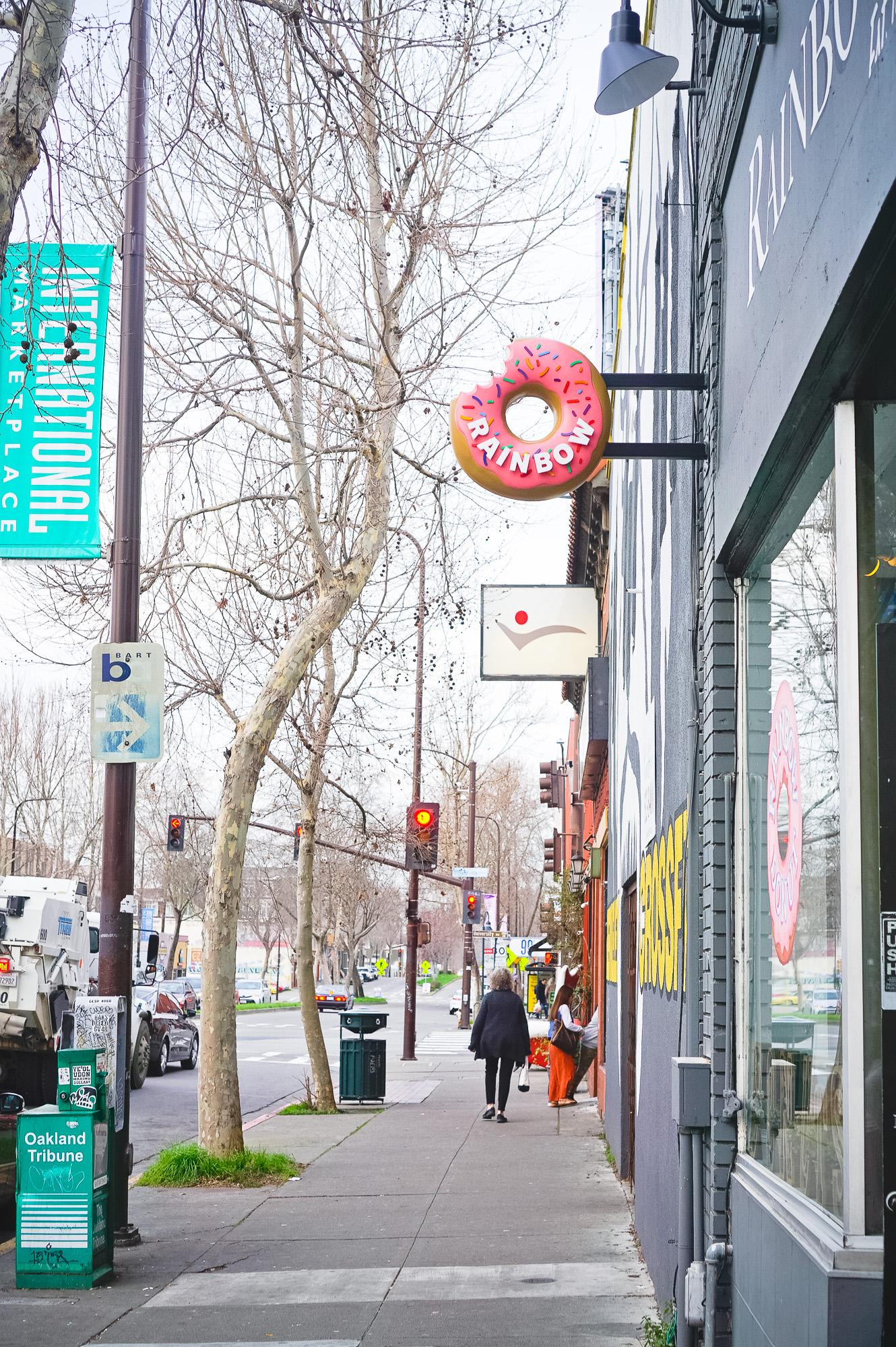 3D, pink-frosted, sculptural, sprinkle donut blade sign for Rainbow Donuts in Berkeley, CA 3D, pink-frosted, sculptural, sprinkle donut blade sign for Rainbow Donuts in Berkeley, CA