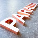 White letters with copper edges for Parallel Design Group, a commercial interior design firm based in Indianapolis, IN.