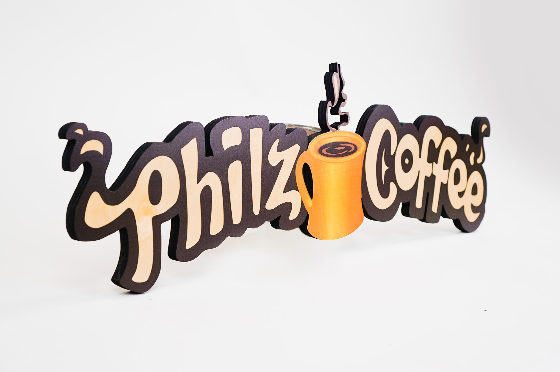 Printed wood, cafe menu sign for Philz Coffee, a coffee company and coffeehouse chain based in San Francisco, California.
