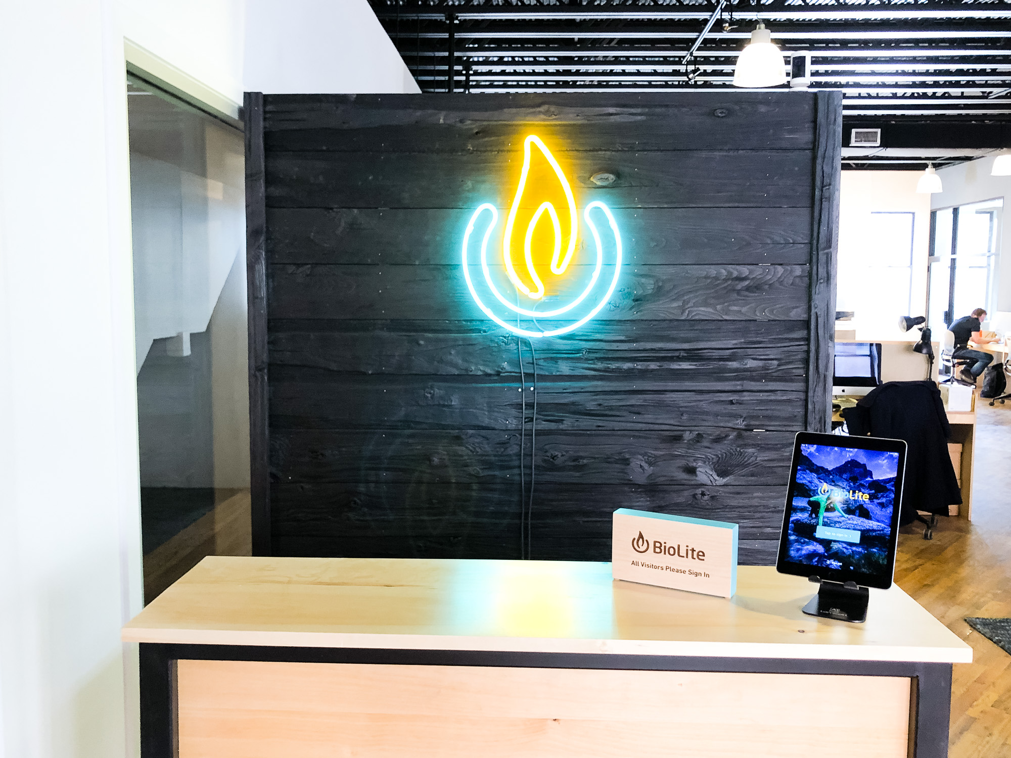 Light wood tabletop sign-in sign for the lobby at Biolite, a New York City based startup that develops and manufactures off-grid energy products for both the outdoor recreational industry and emerging markets. Light wood tabletop sign-in sign for the lobby at Biolite, a New York City based startup that develops and manufactures off-grid energy products for both the outdoor recreational industry and emerging markets.