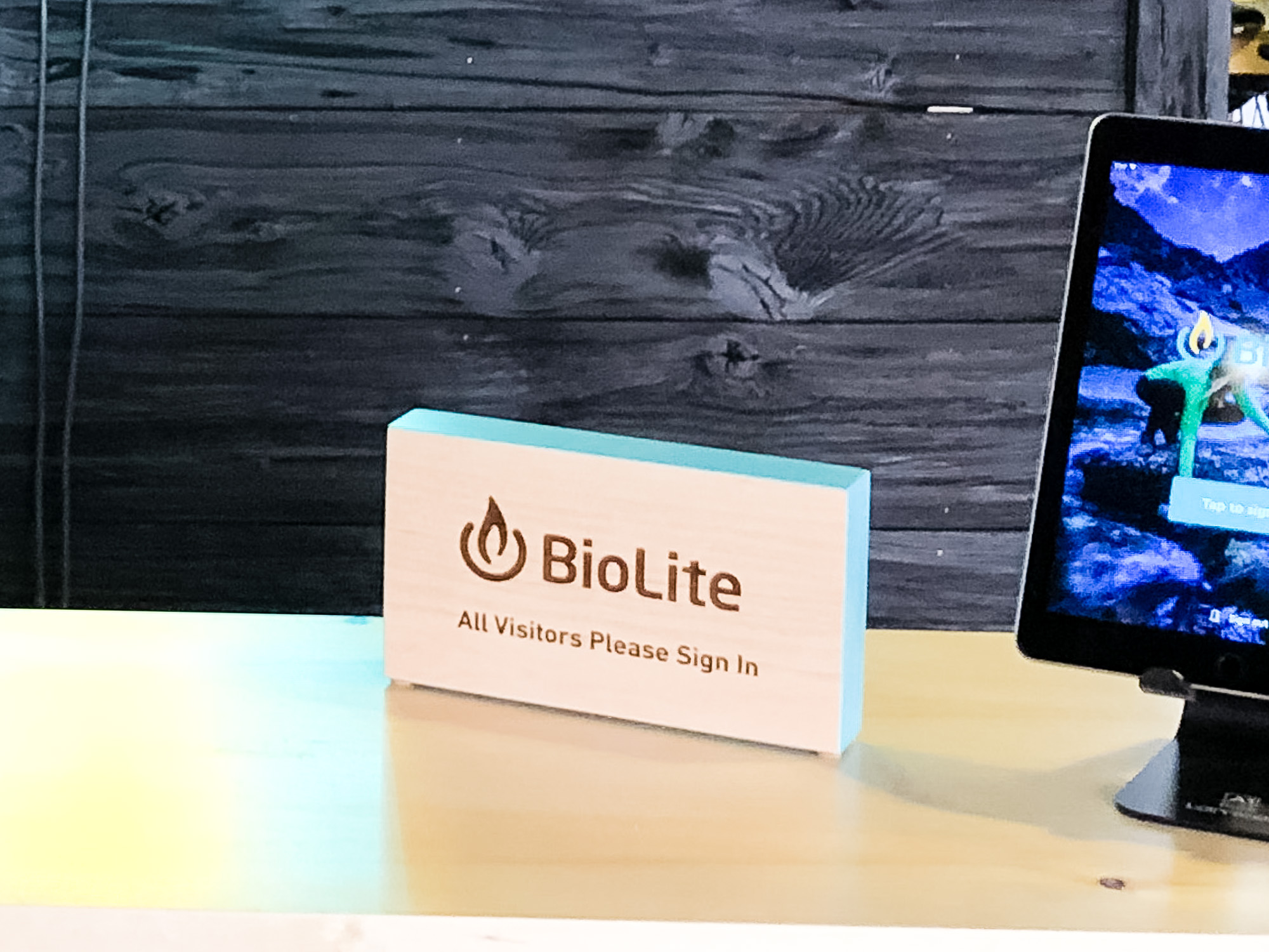 Light wood tabletop sign-in sign for the lobby at Biolite, a New York City based startup that develops and manufactures off-grid energy products for both the outdoor recreational industry and emerging markets. Light wood tabletop sign-in sign for the lobby at Biolite, a New York City based startup that develops and manufactures off-grid energy products for both the outdoor recreational industry and emerging markets.