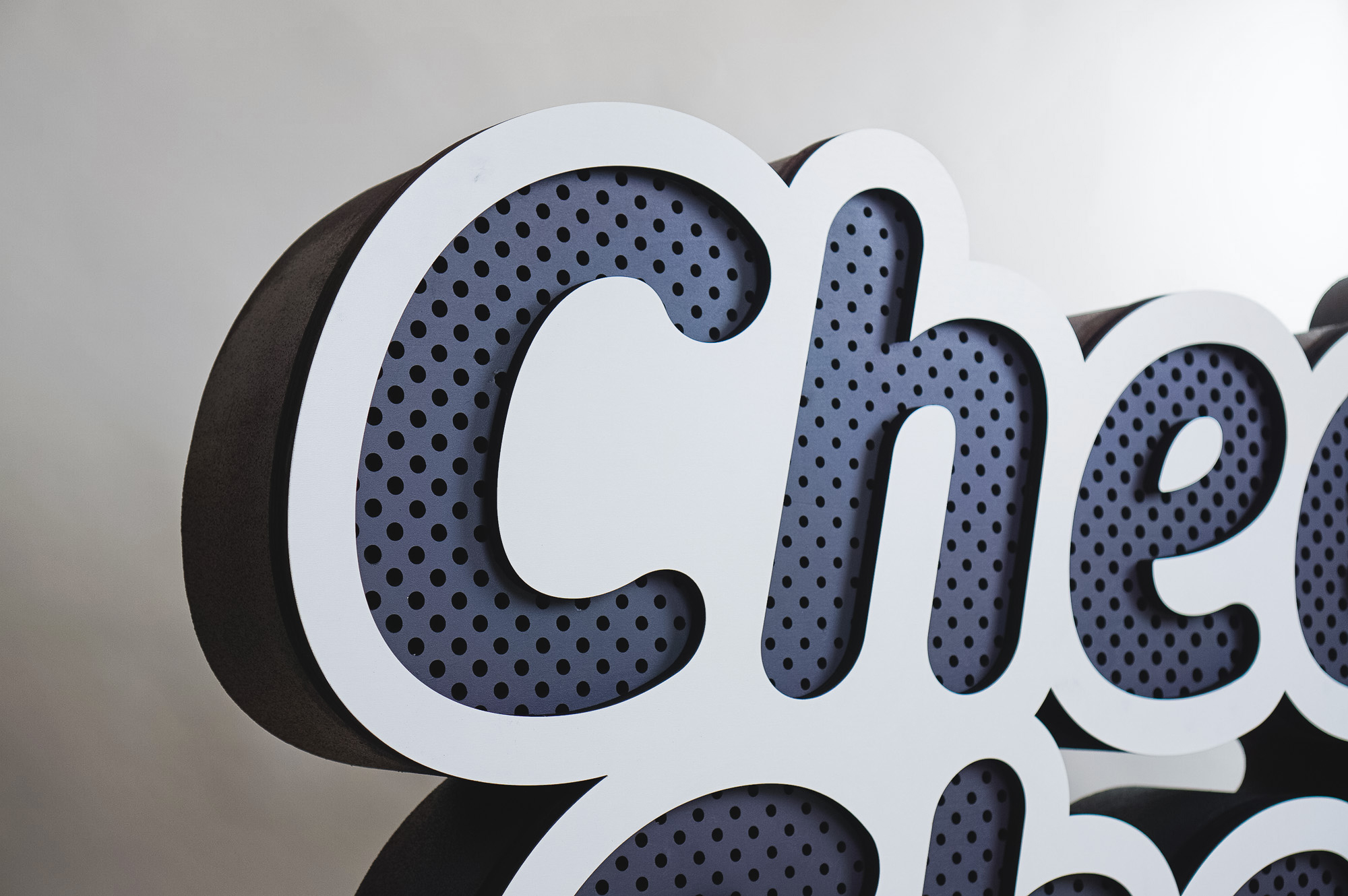 Dimensional large grey and white freestanding tradeshow floor sign for Cheeba Chews, makers of cannabis-infused edibles. Dimensional large grey and white freestanding tradeshow floor sign for Cheeba Chews, makers of cannabis-infused edibles.