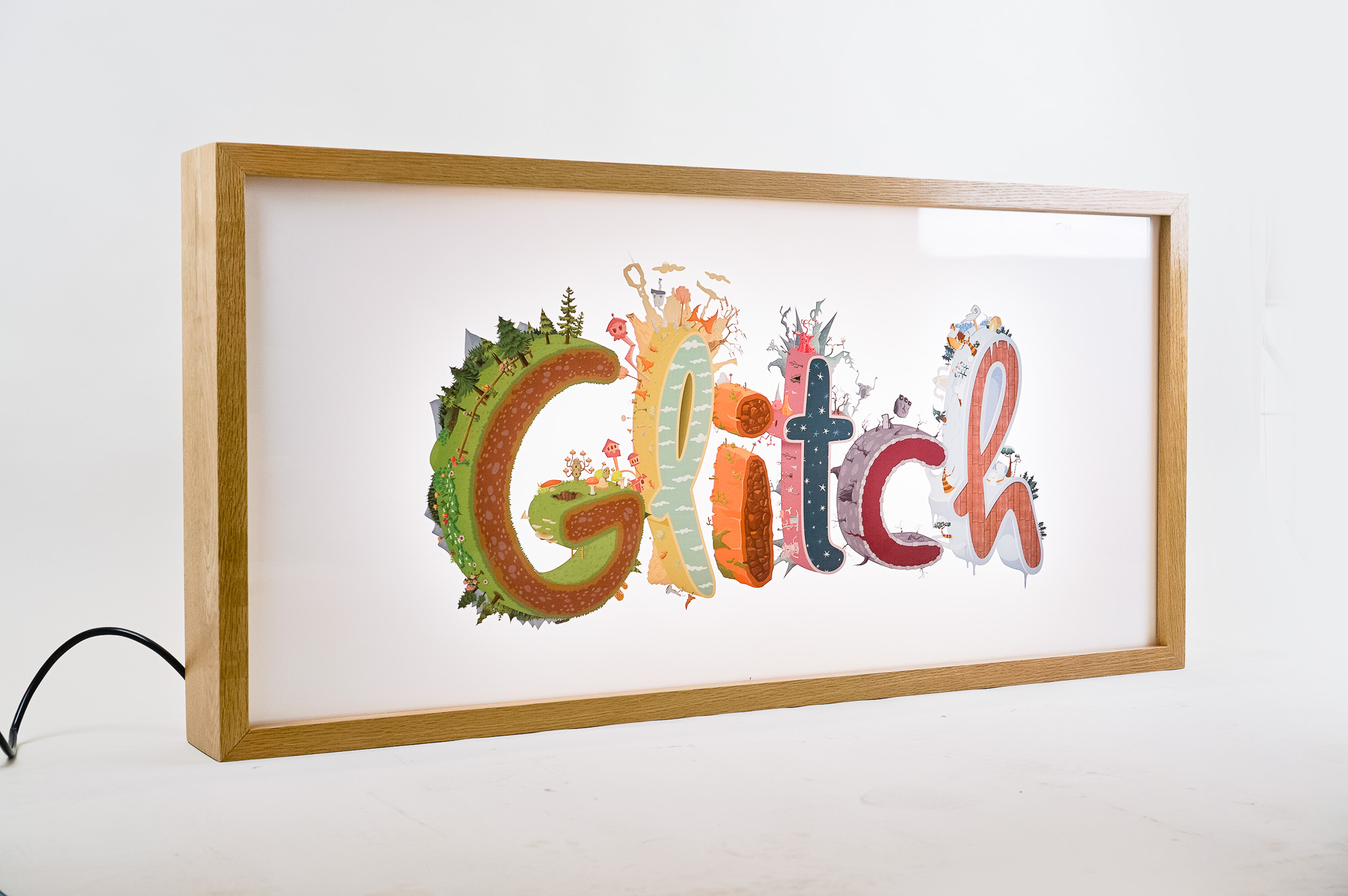 Backprinted full color lightbox sign with wood frame for Glitch, a browser-based, massively multiplayer online game—eventually becoming Slack.
