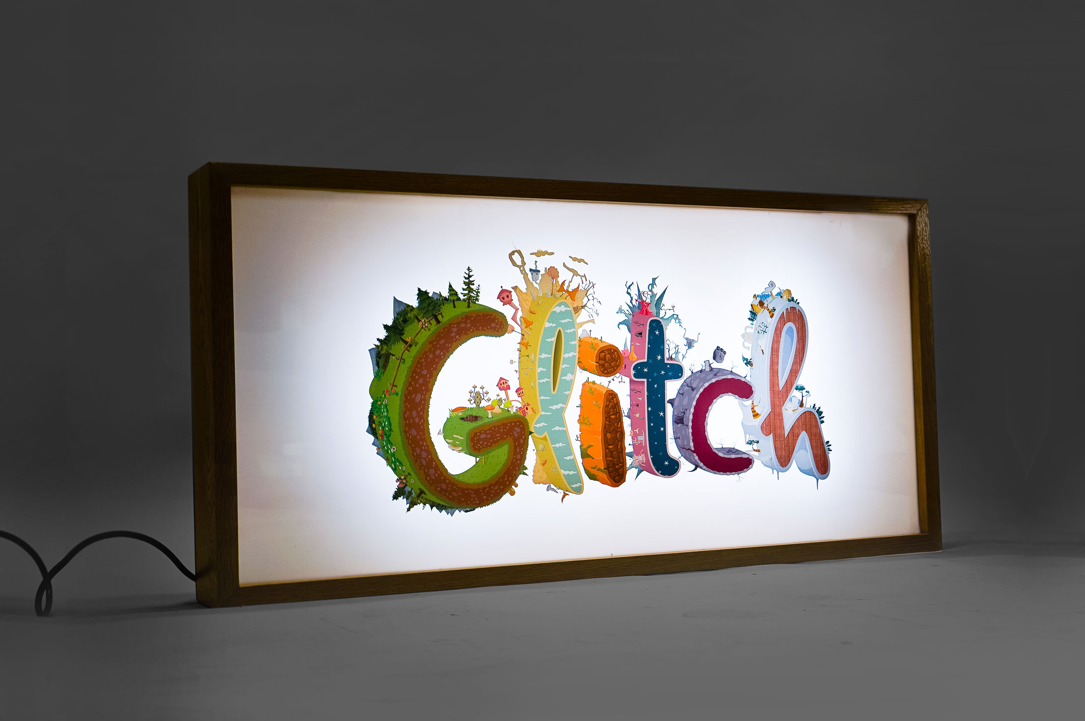 Backprinted full color lightbox sign with wood frame for Glitch, a browser-based, massively multiplayer online game—eventually becoming Slack.