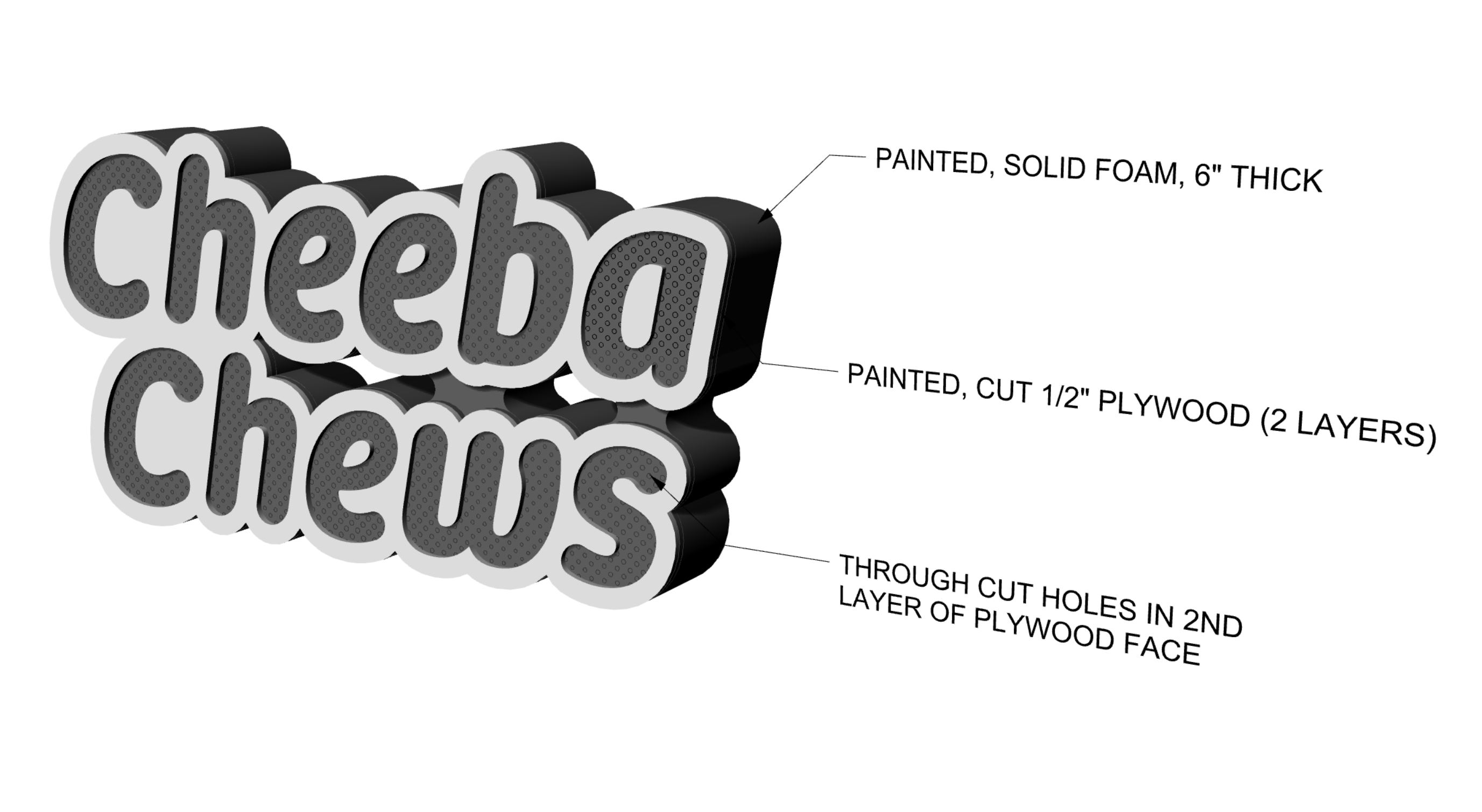 Dimensional large grey and white freestanding tradeshow floor sign for Cheeba Chews, makers of cannabis-infused edibles.