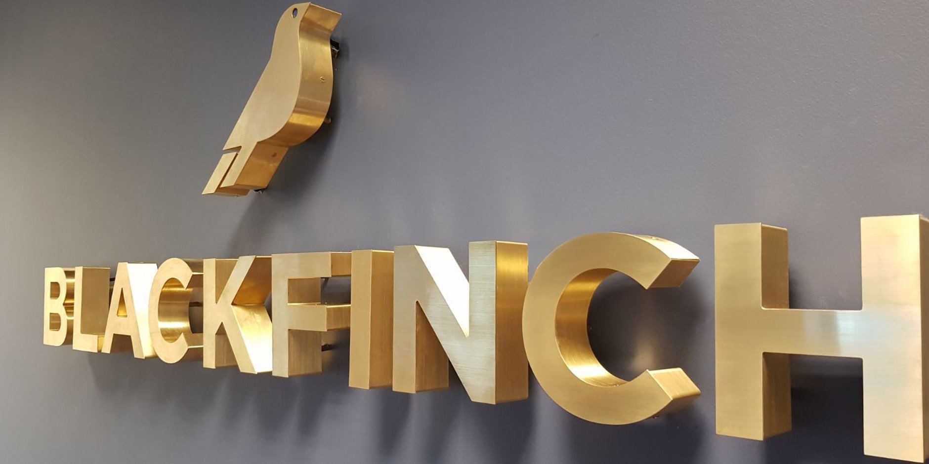 blackfinch thick brass letters on grey wall