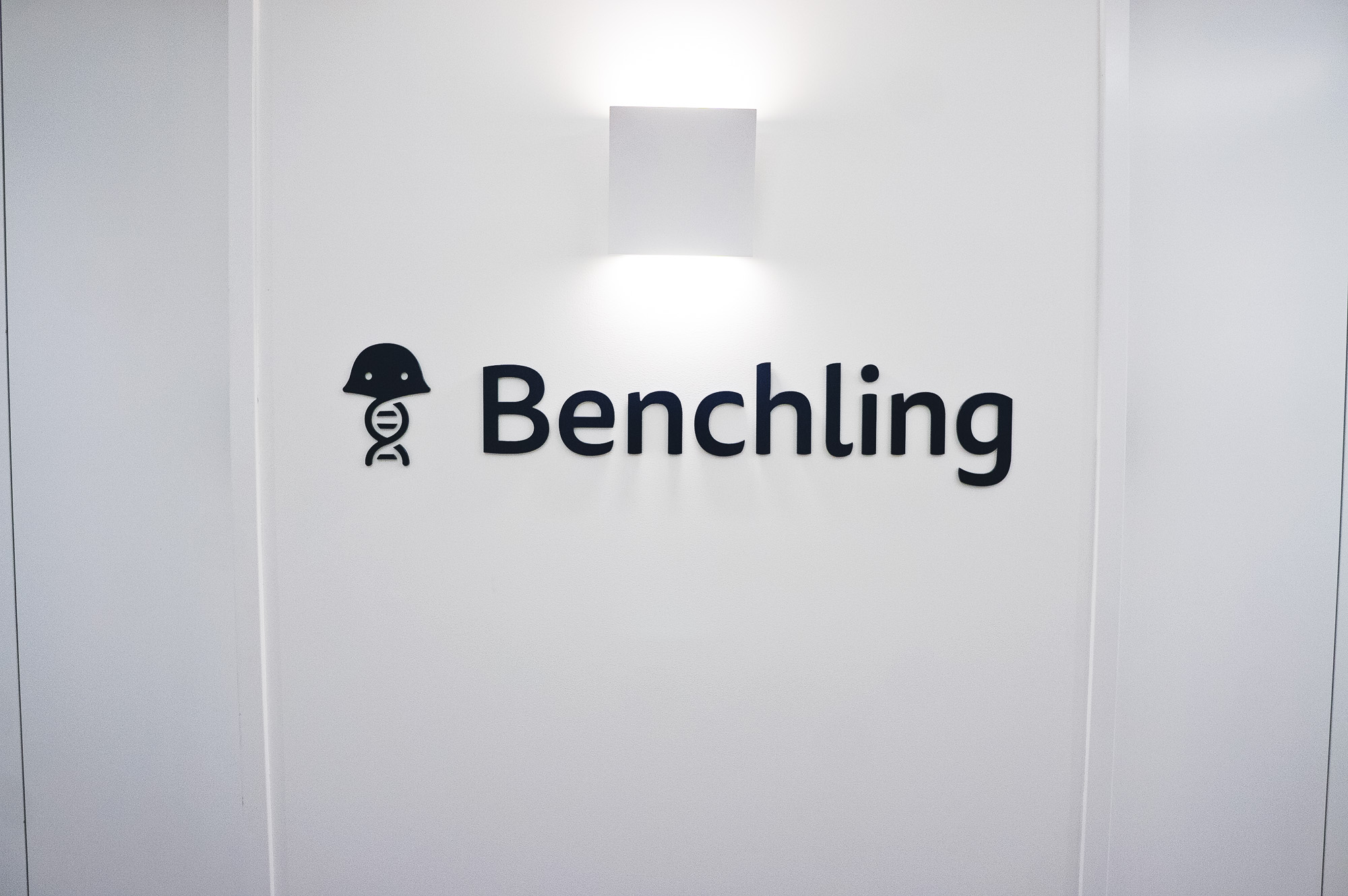 Navy blue elevator vestibule sign for Benchling, a San Francisco based company working on a unified platform to accelerate, measure, and forecast R&D from discovery through bioprocessing. Navy blue elevator vestibule sign for Benchling, a San Francisco based company working on a unified platform to accelerate, measure, and forecast R&D from discovery through bioprocessing.