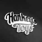 Black and white raised cutout script logo for Mr. Hankey's Toys, maker of handmade adult sex toys.