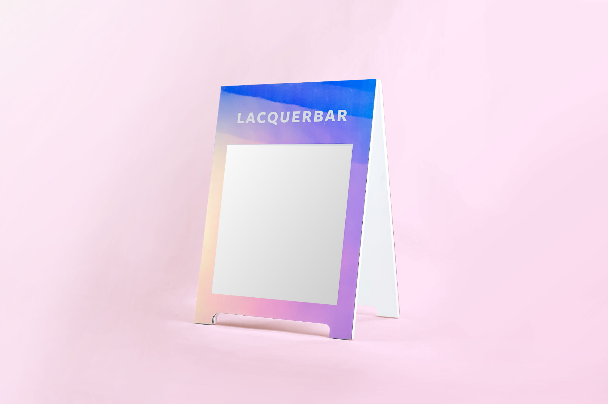 Holographic a-frame/sidewalk sign with whiteboard for Lacquerbar, an urban modern nail salon and online beauty brand headquartered in Berkeley, CA. Holographic a-frame/sidewalk sign with whiteboard for Lacquerbar, an urban modern nail salon and online beauty brand headquartered in Berkeley, CA.