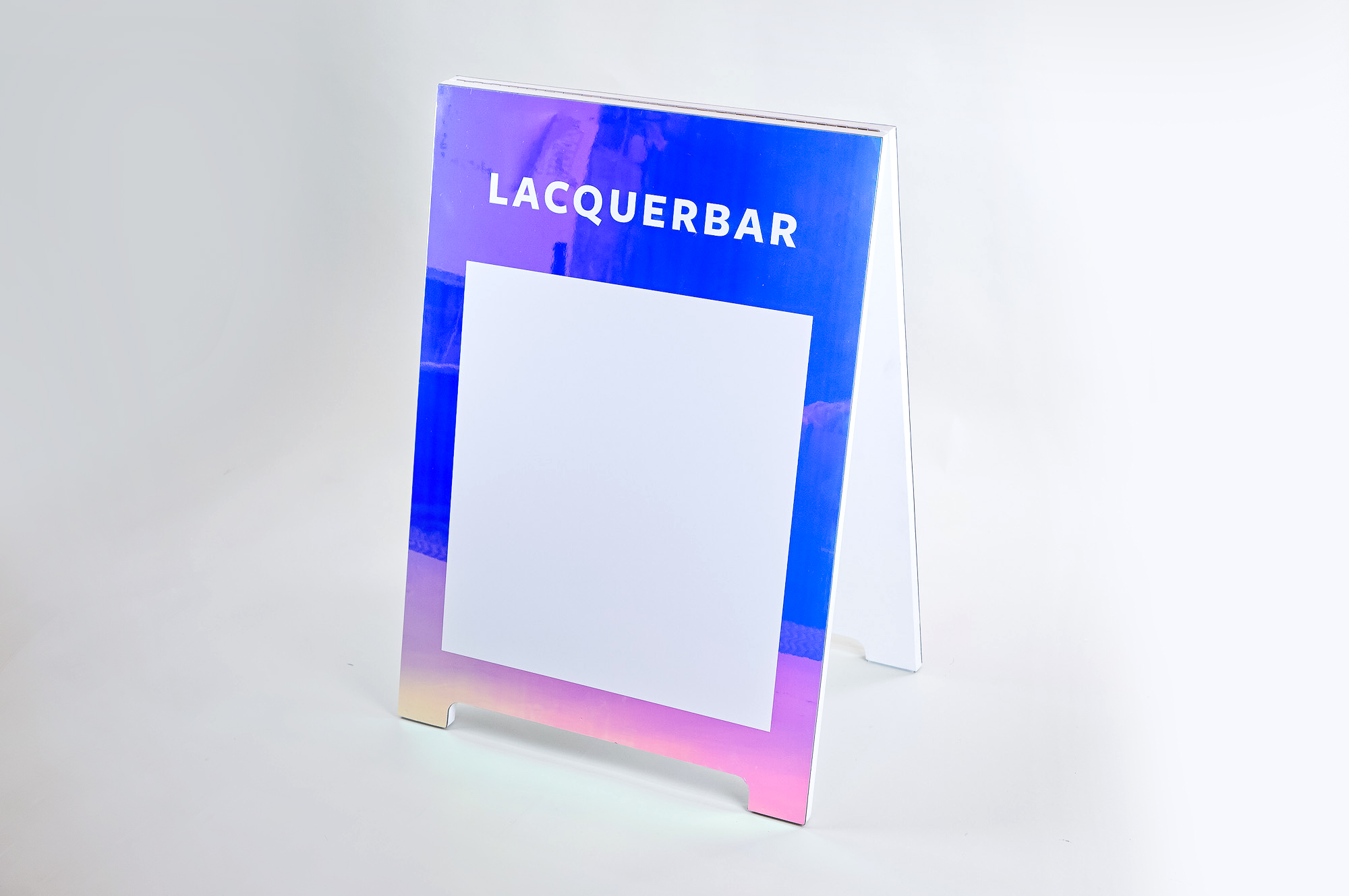 Holographic a-frame/sidewalk sign with whiteboard for Lacquerbar, an urban modern nail salon and online beauty brand headquartered in Berkeley, CA. Holographic a-frame/sidewalk sign with whiteboard for Lacquerbar, an urban modern nail salon and online beauty brand headquartered in Berkeley, CA.