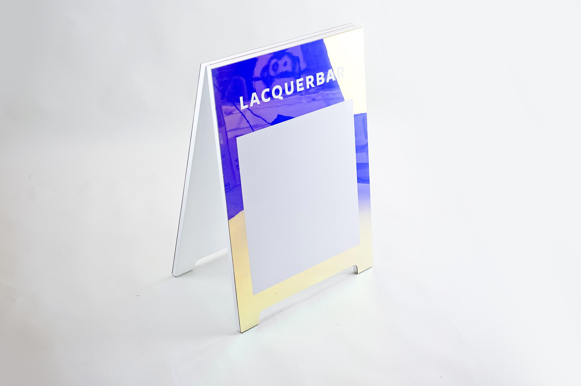 Holographic a-frame/sidewalk sign with whiteboard for Lacquerbar, an urban modern nail salon and online beauty brand headquartered in Berkeley, CA. Holographic a-frame/sidewalk sign with whiteboard for Lacquerbar, an urban modern nail salon and online beauty brand headquartered in Berkeley, CA.