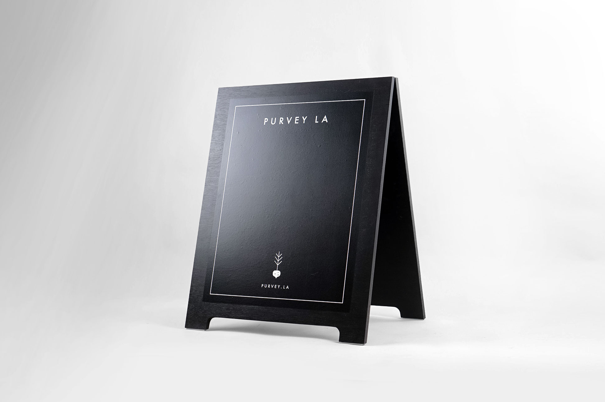 All black modern chalkboard sidewalk/farmer’s market a-frame sign for Purvey, a Los Angeles based business delivering ready-to-eat, family-style meals to offices and families. All black modern chalkboard sidewalk/farmer's market a-frame sign for Purvey, a Los Angeles based business delivering ready-to-eat, family-style meals to offices and families.