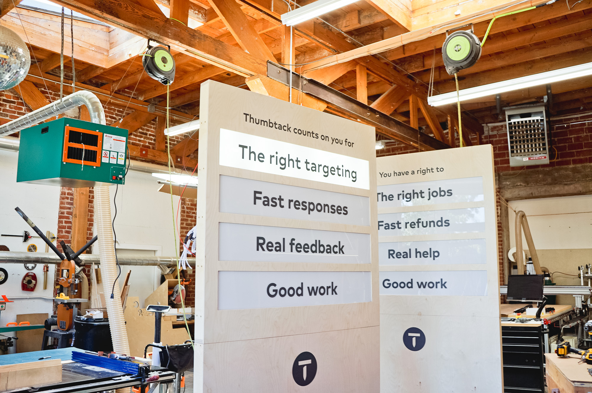 Illuminated, light wood freestanding panel sign for Thumbtack’s special events around the country. Illuminated, light wood freestanding panel sign for Thumbtack's special events around the country.