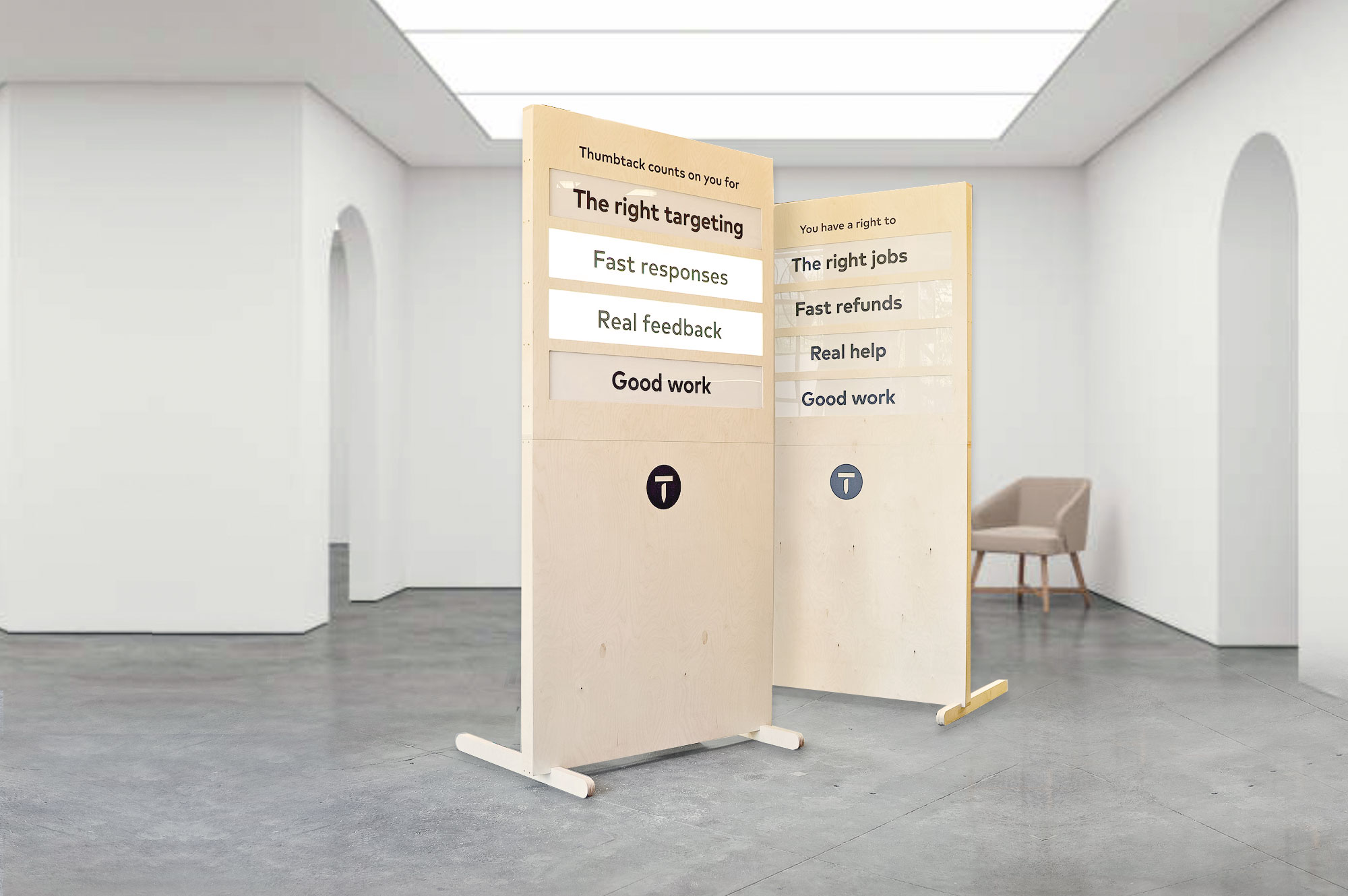 Illuminated, light wood freestanding panel sign for Thumbtack’s special events around the country. Illuminated, light wood freestanding panel sign for Thumbtack's special events around the country.